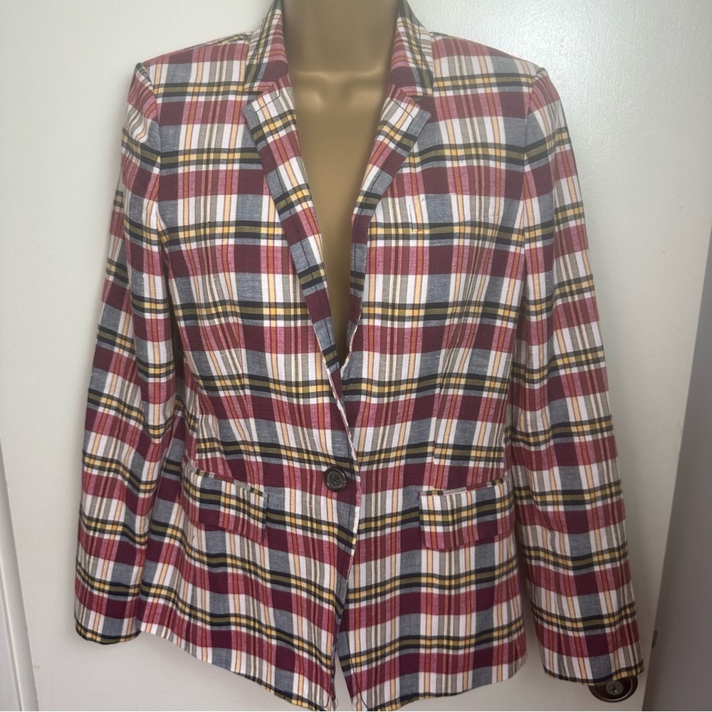J.Crew Red Blue White Yellow Plaid Regent 100%‎ Cotton Button Blazer 4*Like New*